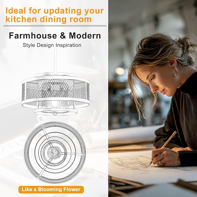 Modern Pendant Lights Kitchen Island, Black Pendant Light Fixtures with 13" Metal Cage, Industrial Farmhouse Hanging Pendant Lights Fixture for Kitchen Island Dining Room Bedroom Hallway Entryway