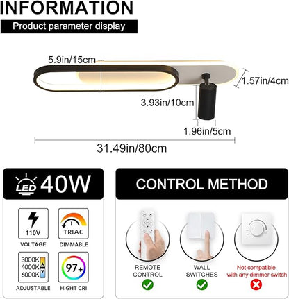 31.4Inch Modern Ceiling Light, LED Linear Ceiling Lamp with 1 Spotlight, 40W Remote Dimmable 3000K / 4500K / 6000K Black Long Flush Mount Light Fixture for Kitchen Dining Living Room Bedroom