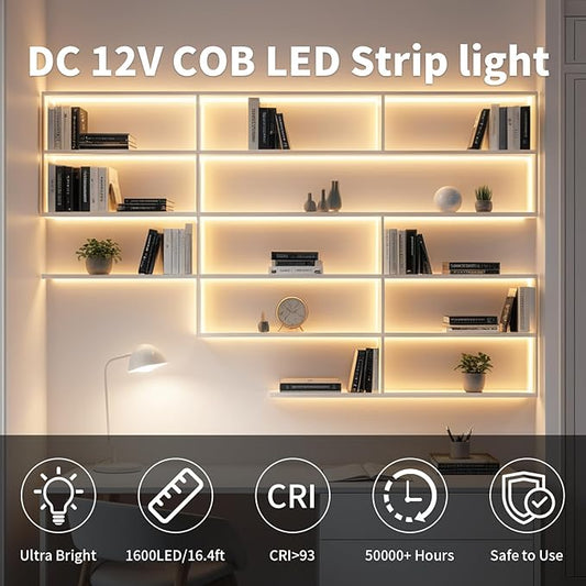 16.4FT/5M COB LED Strip Light, Warm White 3000K LED Tape Lights, Cuttable LED Lights CRI93+ Flexible Dimmable Light Strip for Bedroom TV Backlight Mirror Kitchen Cabinet Decor(with Plug)