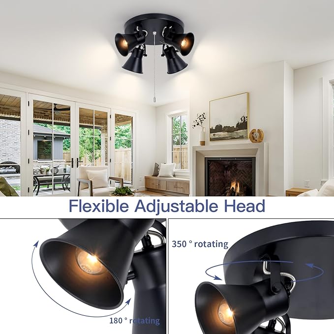 4-Light Industrial Track Lighting with Pull Chain On/Off Switch, Adjustable Round Kitchen Ceiling Light, Morden Black Flush Mount Directional Light for Kitchen, Hallway, Dining Room.