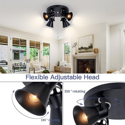 4-Light Industrial Track Lighting with Pull Chain On/Off Switch, Adjustable Round Kitchen Ceiling Light, Morden Black Flush Mount Directional Light for Kitchen, Hallway, Dining Room.
