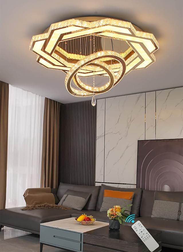 Flashing God 32in Crystal Ring Chandeliers for Living Room Flush Mount Ceiling Light for Bedroom Dining Room Hallway Dimmable LED 3 Rings Pendant Lighting