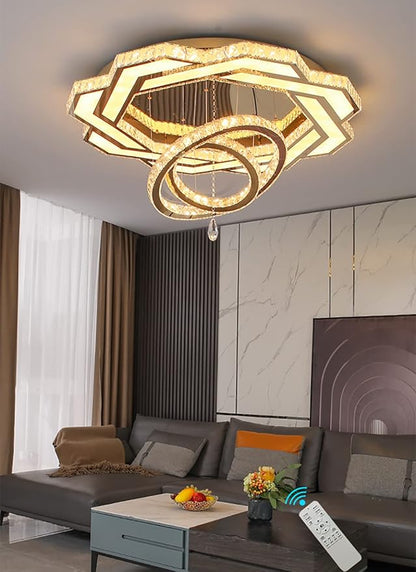 Flashing God 32in Crystal Ring Chandeliers for Living Room Flush Mount Ceiling Light for Bedroom Dining Room Hallway Dimmable LED 3 Rings Pendant Lighting