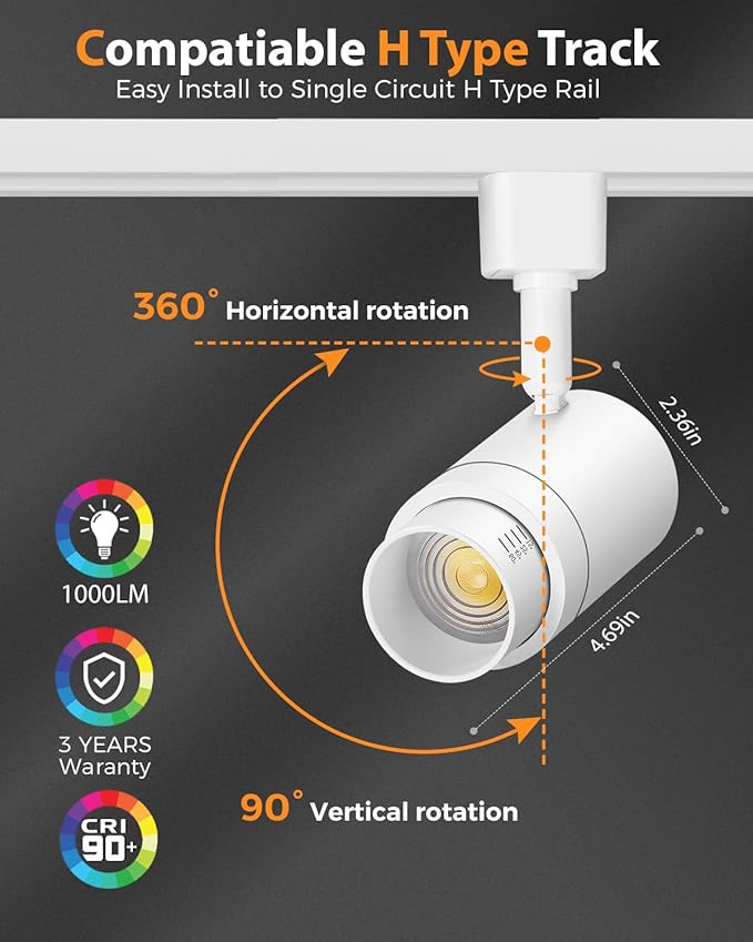 Zoomable H Track Lighting Heads H Type Track Light Heads Dimmable LED Track Lighting Fixtures Ceiling Spot Light, H Style Track Heads for H Track Lighting Rails - White CRI90 12W 8 Pack 3000K