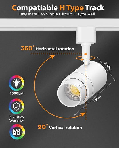 Zoomable H Track Lighting Heads H Type Track Light Heads Dimmable LED Track Lighting Fixtures Ceiling Spot Light, H Style Track Heads for H Track Lighting Rails - White CRI90 12W 4 Pack 3000K