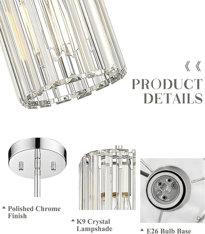 Polished Chrome Crystal Pendant Light, Modern Hanging Light Fixture, Mini Chandelier for Kitchen Dinning Room Bedroom, CKPL5510-1P-PC