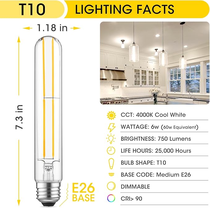 Gozelux T10 LED Bulb 6W Equal E26 LED Bulb 60 Watt Dimmable Cool White 4000K E26 Edison Bulb AC120V 750lm Tubular Light Bulb T10 for Rustic Pendant, Island, Chandeliers, Wall Sconces, Pack of 6