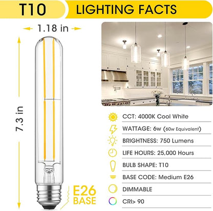 Gozelux T10 LED Bulb 6W Equal E26 LED Bulb 60 Watt Dimmable Cool White 4000K E26 Edison Bulb AC120V 750lm Tubular Light Bulb T10 for Rustic Pendant, Island, Chandeliers, Wall Sconces, Pack of 6
