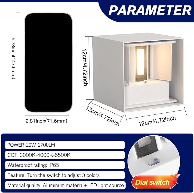 20W LED Outdoor Wall Lights Exterior/Interior,3 Colors Adjustable Wall Sconce,Modern Square Aluminum Wall Light,Up and Down Outdoor Lighting Fixtures,IP65 Waterproof Porch Light, ETL Listed,White