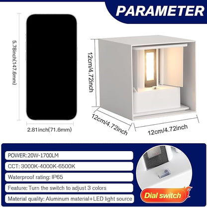 20W LED Outdoor Wall Lights Exterior/Interior,3 Colors Adjustable Wall Sconce,Modern Square Aluminum Wall Light,Up and Down Outdoor Lighting Fixtures,IP65 Waterproof Porch Light, ETL Listed,White