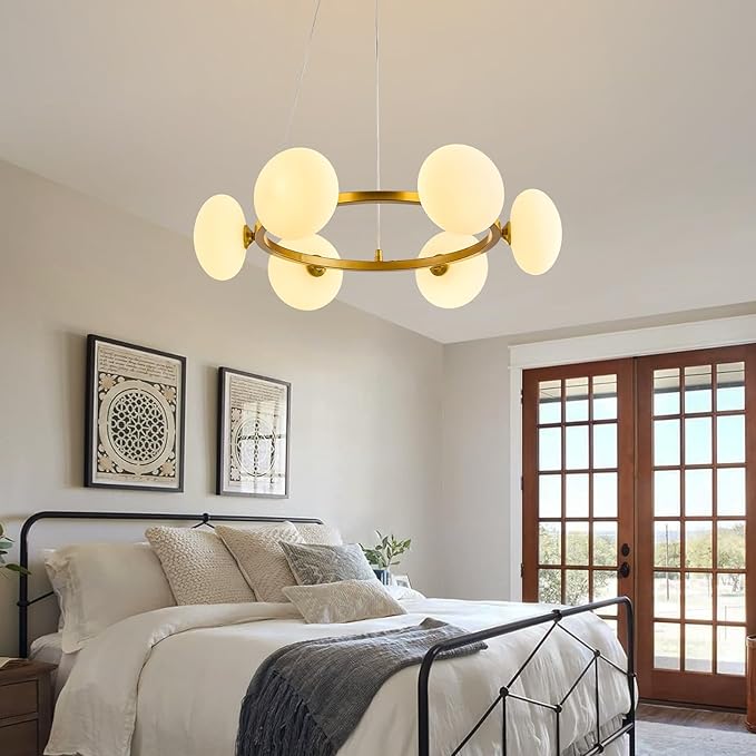 Modern Gold Chandelier, Mid Century Wagon Wheel Chandelier, 6-Light Globe Dining Room Light Fixture with Milk Glass Shades