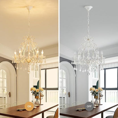 WUZUPS 5-Light Crystal Candle Chandelier Pendant Ceiling Light Modern Lighting Fixture for Bedroom Hallway Bar Kitchen Bathroom, H 23.2" W 20.7", E12 Base, Rustic White