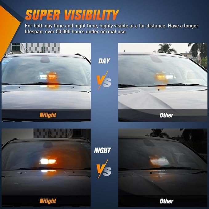 Nilight Emergency Strobe Lights Windshield Hazard Warning Safety Flash with Suction Cups Super Bright LED Light Amber White for Police Enforcement Firefighters Vehicle Truck