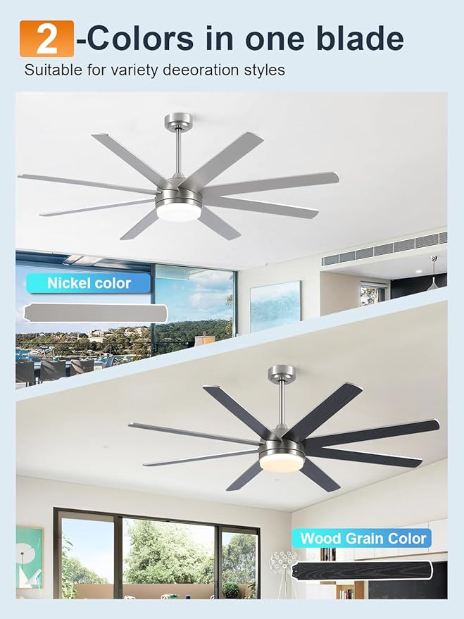 YUHAO 62 Inch Brushed Nickel Ceiling Fan with Light and Remote Control.Noiseless,Dimmable,3CCT,6 Speeds Reversible, DC Ceiling Fans for Indoor or Covered Outdoor Use.ETL Listed