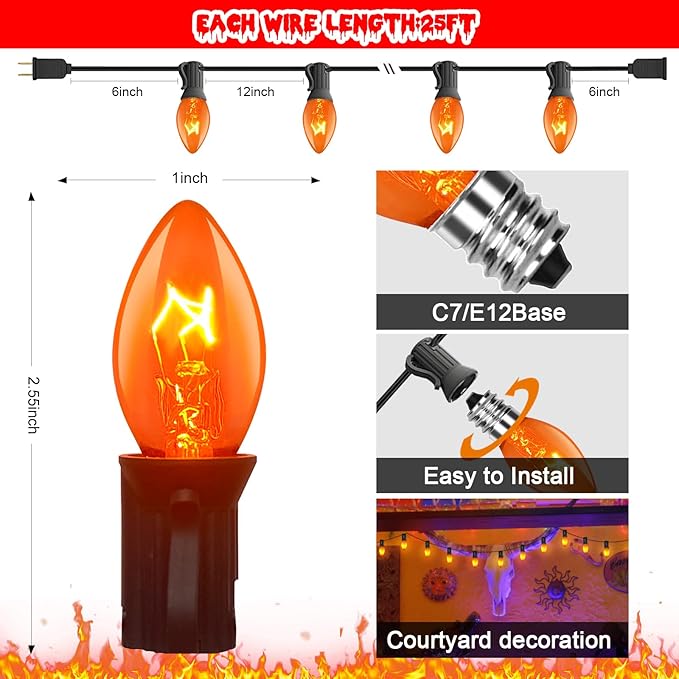 Abeja 25Ft C7 Orange String Lights with 27 Clear Orange Bulbs (2 Spare) - Vintage Halloween String Lights on Black Wire for Patio, Party & Spooky Decor