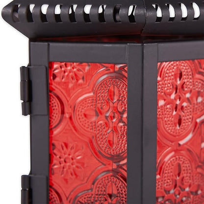 Zingz & Thingz Moroccan Style Candle Lantern Holder, Decorative Light Home Decor, Indoor & Outdoor, 10.25" Tall, Black with Red Glass
