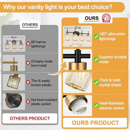 Modern Crystal Bathroom Vanity Light, 4-Light Black and Gold Bathroom Light Fixtures, Clear K9 Crystal Shades, Adjustable Up/Down Mount, E26 Base Wall Sconce (Bulbs Not Included)