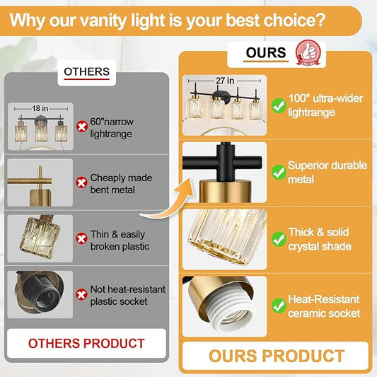 Modern Crystal Bathroom Vanity Light, 4-Light Black and Gold Bathroom Light Fixtures, Clear K9 Crystal Shades, Adjustable Up/Down Mount, E26 Base Wall Sconce (Bulbs Not Included)
