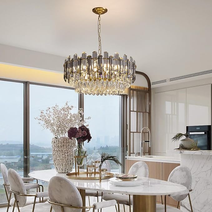 7PM Gold Crystal Chandeliers, 24-inch 4-Tier Modern Crystal Chandelier for Dining Room, Luxury Crystal Pendant Light Ceiling Light Fixture for Living Room Kitchen Island Bedroom Entryway, Brass Finish