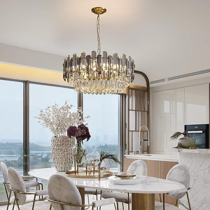 7PM Gold Crystal Chandeliers, 24-inch 4-Tier Modern Crystal Chandelier for Dining Room, Luxury Crystal Pendant Light Ceiling Light Fixture for Living Room Kitchen Island Bedroom Entryway, Brass Finish
