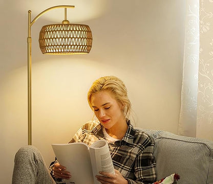 eyassi Arc Floor Lamp with 3 Color Temperatures, LED Gold Floor Lamp with Remote & Stepless Dimmable Bulb, Boho Standing Lamp with Rattan & Fabric Shades, Farmhouse Tall Lamp for Living Room Bedroom