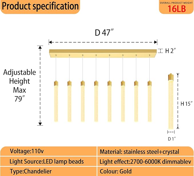Modern Rectangular Crystal Chandelier LED Dimmable Crystal Column Chandelier Living Room Crystals Pendant Light for Dining Room Adjustable Height 8-Light Gold