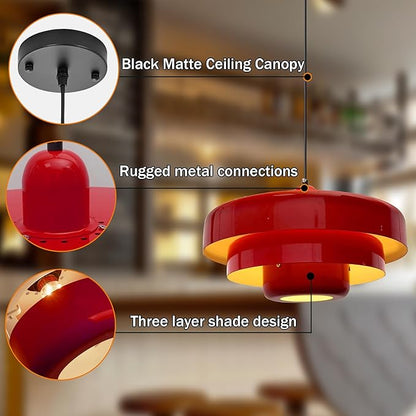 Mid Century Pendant Light Fixtures Red Ceiling Pendant Lighting 3-Layer Metal Shade Design Vintage Hanging Light Flush Mount Light for Dining Table Kitchen Island Hallway