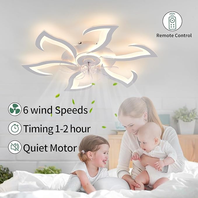 Yfrest Modern Ceiling Fan with Light and Remote, Low Profile 32 Inch White Flush Mount Fandelier Ceiling Fan for Kitchen Bedroom