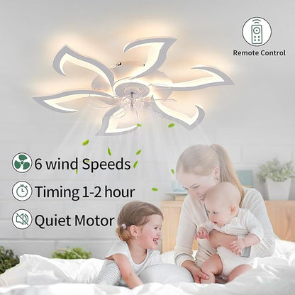 Yfrest Modern Ceiling Fan with Light and Remote, Low Profile 32 Inch White Flush Mount Fandelier Ceiling Fan for Kitchen Bedroom