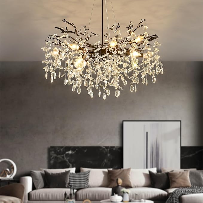 EGM Tree Branch Crystal Chandelier, 32 Inch Living Room Black Crystal Chandelier 10-Light(E12), Hanging Branch Chandeliers for Dining Room Bedroom Foyer