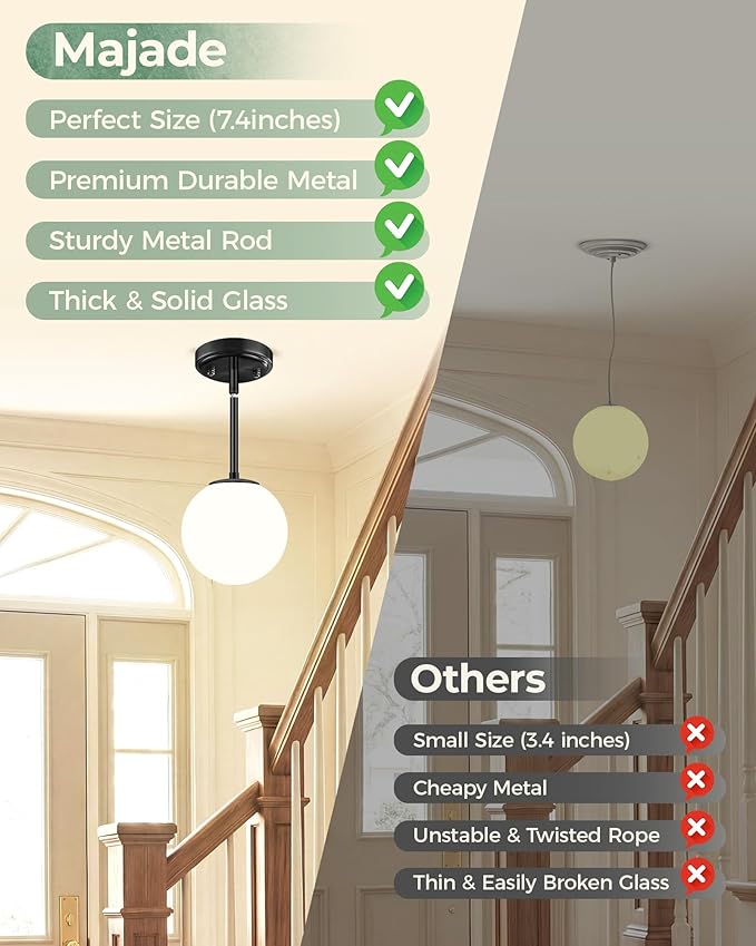 Majade Globe Pendant Lights Kitchen Island Mid Century Modern Pendant Light Fixtures 2 Pack 7.4 Inch Black Ceiling Lighting with Milk White Glass Shade Adjustable Hanging Light for Dining Room