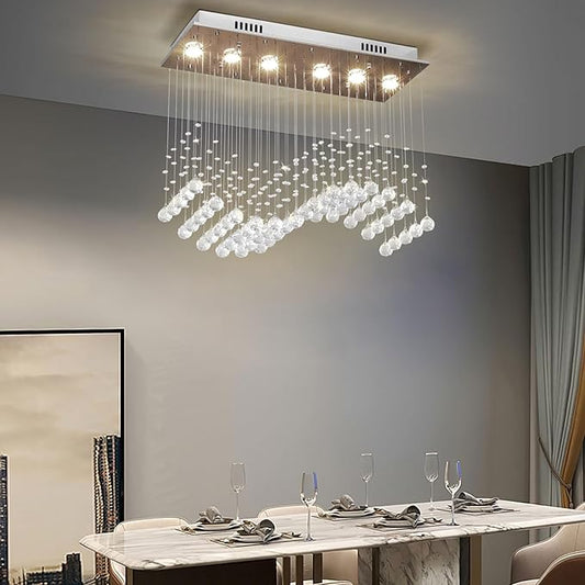 Depuley Modern K9 Crystal Chandelier, 6-Light Rectangle Flush Mount Ceiling Light, Wave Raindrop Crystal Pendant Lighting for Dining Room Kitchen Living Room Bedroom, L29.5'' x W11.8'' x H25.6''