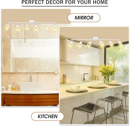 BoostArea White LED 6 Light Track Lighting Kit, 6 Way Ceiling Spot Lighting with Glass Lampshade, Flexibly Rotatable Light Head for Kitchen, Living Room, Bedroom, Bulb Not Included