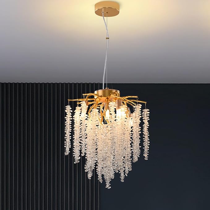 Crystal Tree Branch Chandelier Gold Roud Raindrop Pendant Light Tassel Ceiling Hanging Light Fixtures for Bedroom Living Room Dining Room Entryway Dia 12"