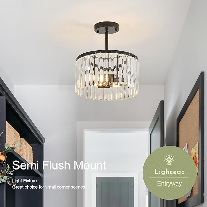 Modern 12" Black Semi Flush Mount Crystal Ceiling Light Fixtures for Dining Room Luxury Glam 2-Light Small Chandeliers Lighting for Bedroom Entryway Hallway Living Room Kitchen Island Foyer
