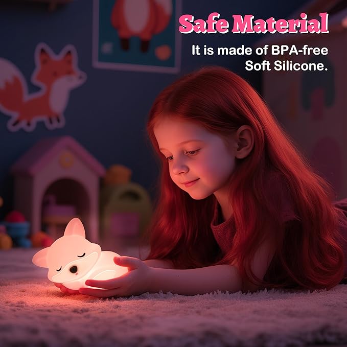 OkiyiD Pink Fox Night Light Toy Gifts for Girls, Cute Fox Squishy Lamp for Daughter Gifts, Dimmable Rechargeable Silicone Animal Night Light, Sweet Birthday Xmas Gift for Girls Room Pink Decor
