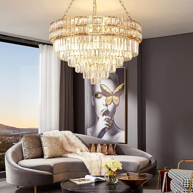 Modern Crystal Chandelier Gold Finish Light Fixture, Round Crystal Pendant Light Hanging Lamp, for Living Room, Dining Room, Restaurant, E12 x 15, Ø29.5 inch