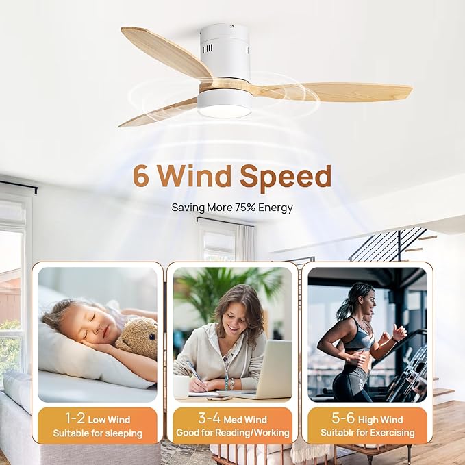 Sofucor 52 Inch Ceiling Fans with Lights and Remote, Modern Wood Low Profile Flush Mount Quiet Ceiling Fan for Bedroom, Reversible DC Motor for Living Room/Farmhouse/Patio/Indoor/Outdoor