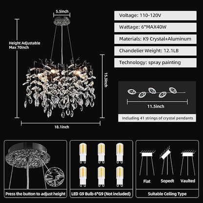 Modern Tree Branch Crystal Chandelier 18" Black Luxury Large Pendant Lighting 6-Light Contemporary K9 Crystal Chandeliers for Dining Room Kitchen Living Room Foyer Entryway (Black, D18-Round)