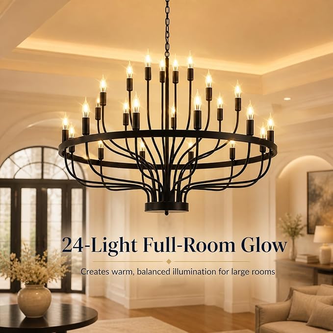 Shandaglo Large Black Chandelier 24-Light, Round 3-Tier Wagon Wheel Fixture, 39 in Farmhouse Candle Pendant with E12 Base for Dining Room, Foyer, Living Room, Hallway, High Ceiling