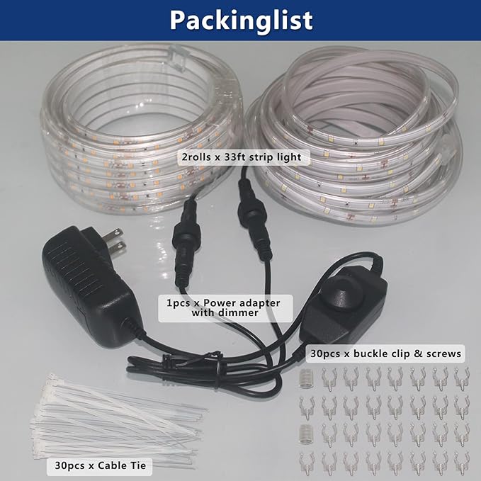 66FT (33FT×2) 12V LED Rope Lights Outdoor Waterproof, 1200 LEDs Warm White Dimmable Flat Tape Lighting, Flexible PVC-Coated for Patio Backyard Garden Christmas Decor Commercial Use