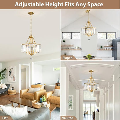 Gold Crystal Chandeliers for Dining Room, 4-Light Modern Round Chandeliers 15.7" for Living Room Kitchen Hallway Bedroom Foyer Hall, Adjustable Height Hanging Light Fixture