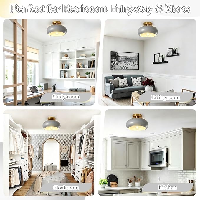 Mid Century Light Fixture Vintage Ceiling Light - Milk Glass Gray Shade Semi Flush Mount Ceiling Lights fixtures Gold Brass Flush Mount Lights for Entryway Foyer Hallway Hall Bedroom