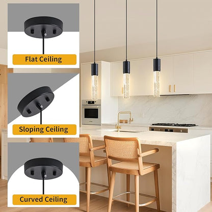 Black Pendant Lights Kitchen Island, Crystal Bubble Pendant Lights, Adjustable Modern Pendant Light Fixtures for Dining Living Room Bedroom 3 Pack