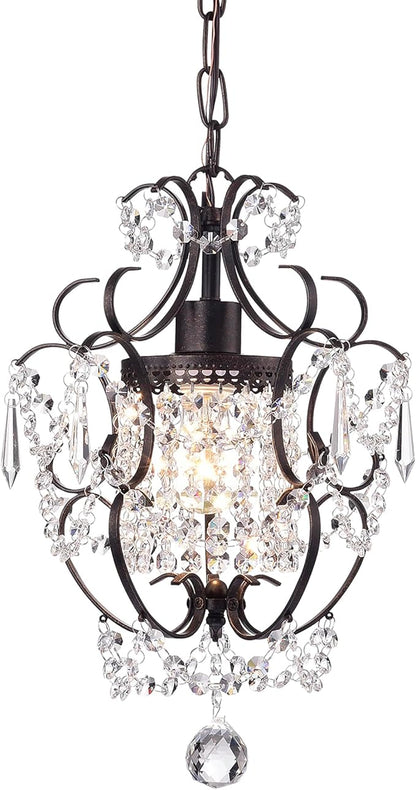 Edvivi Amorette Mini Chandelier Crystal, 1 Light Modern Elegant Glam Ceiling Light Fixture Antique Bronze, Adjustable Hanging Lighting for Closet, Bedroom, Girls Room, Kitchen Island, 2-Pack