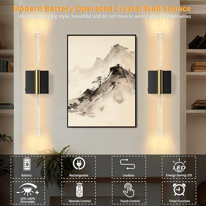 Battery Operated Wall Sconces Set of 2, 28in Rechargeable Wireless Wall Lights, 8000mAh Dimmable Modern LED Wall Lamp Fixtures with Timer Function for Living Room Bedroom Bathroom Hallway, Black