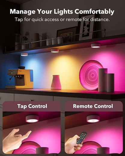 Radar Motion Sensor Puck Lights Rechargeable, Wireless RGB Under Cabinet Lighting with Remote, Color Changing Night Lights USB Magnetic Push Light for Stairs, Shelf, Showcase, Bookcase, Display