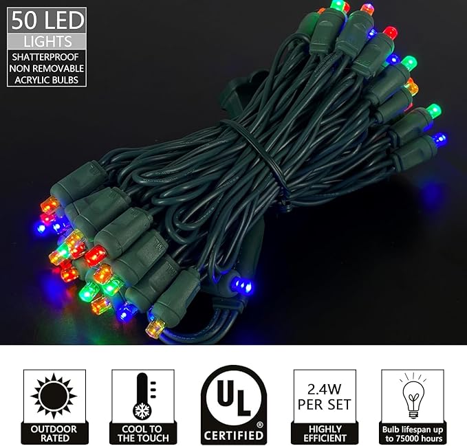 UL Listed 50 Count 5MM Wide Angle Led Christmas Light Set,Outdoor Mini Led String Lights for Garden Patio Tree Lighting Decoration,17 Feet Green Wire (Multi-Colored)