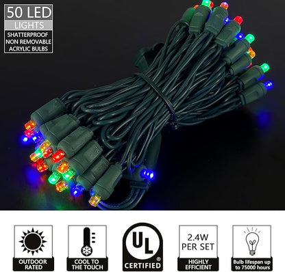 UL Listed 50 Count 5MM Wide Angle Led Christmas Light Set,Outdoor Mini Led String Lights for Garden Patio Tree Lighting Decoration,17 Feet Green Wire (Multi-Colored)