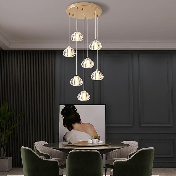 Modern Crystal Foyer Chandelier Entryway 7-Lights Gold, Raindrop Bubble Sphere LED Lighting Fixture for Staircase Living Room